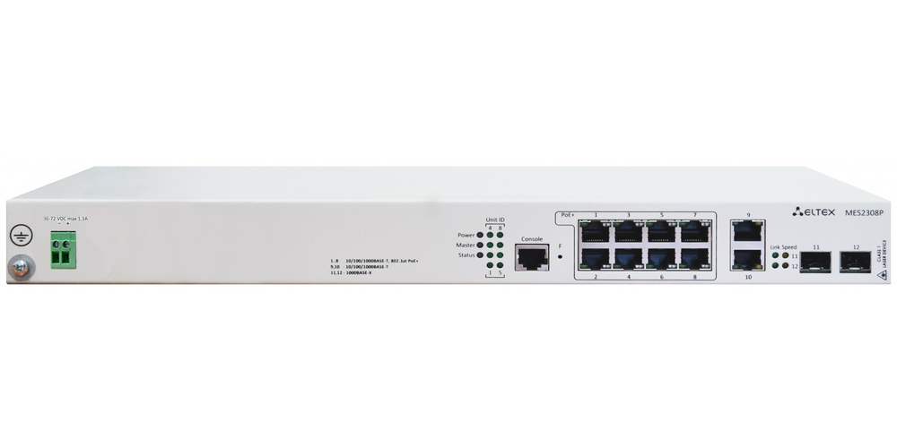 MES2308P DC Eltex Коммутатор 8 портов 1G с PoE, 2 комбо-порта