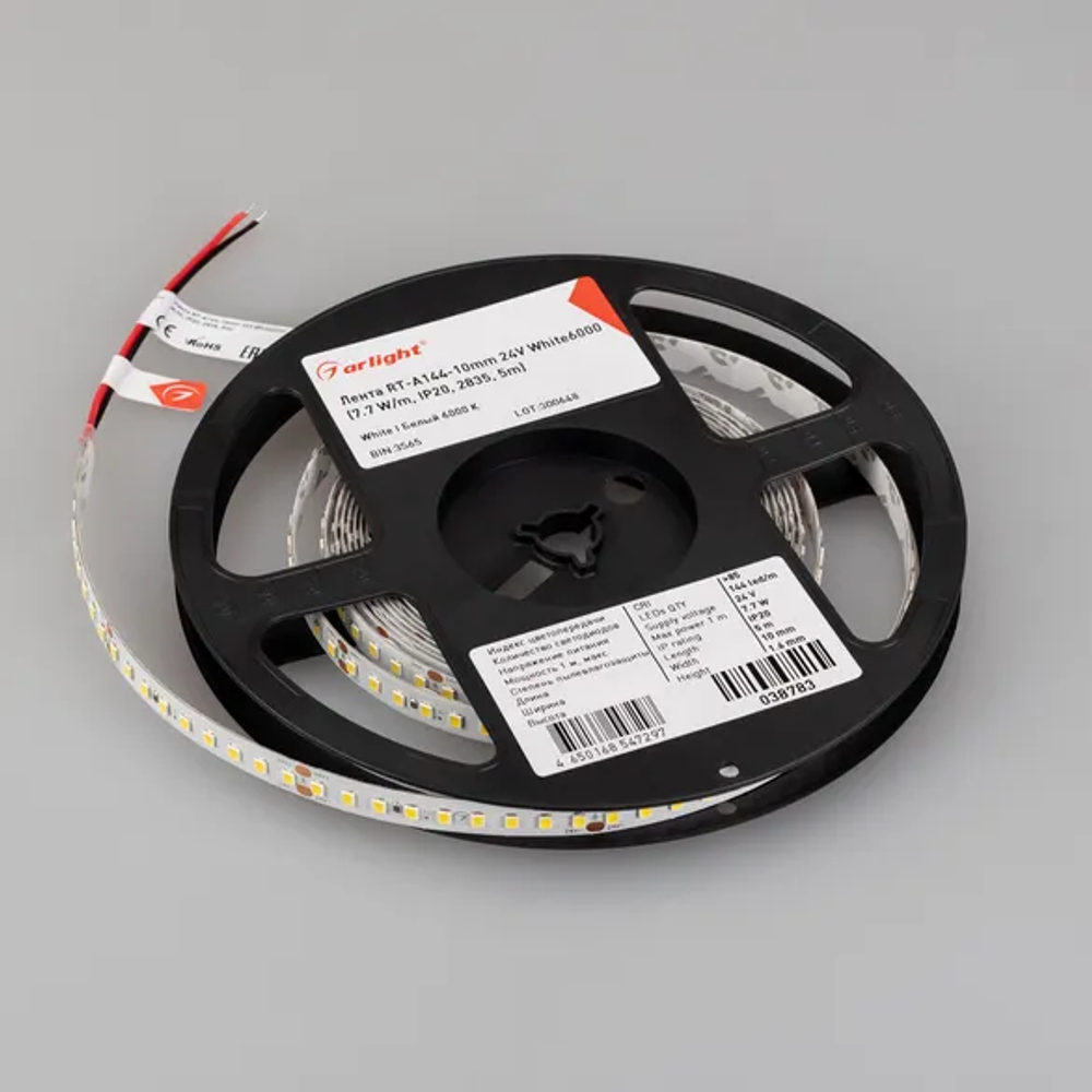 Светодиодная лента RT-A144-10mm 24V White6000 (7.7 W/m, IP20, 2835, 5m) (Arlight, высок.эфф.200 лм/Вт) 038783