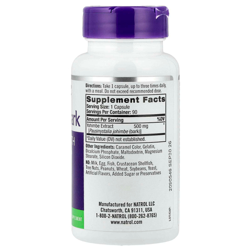 Natrol, Кора йохимбе, 500 мг, 90 капсул