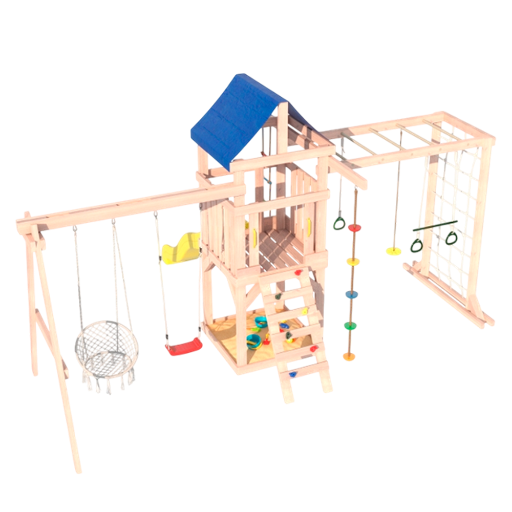 Детская площадка Fun Land неокрашенная с сеткой, рукоходом, качелями и плетенным креслом