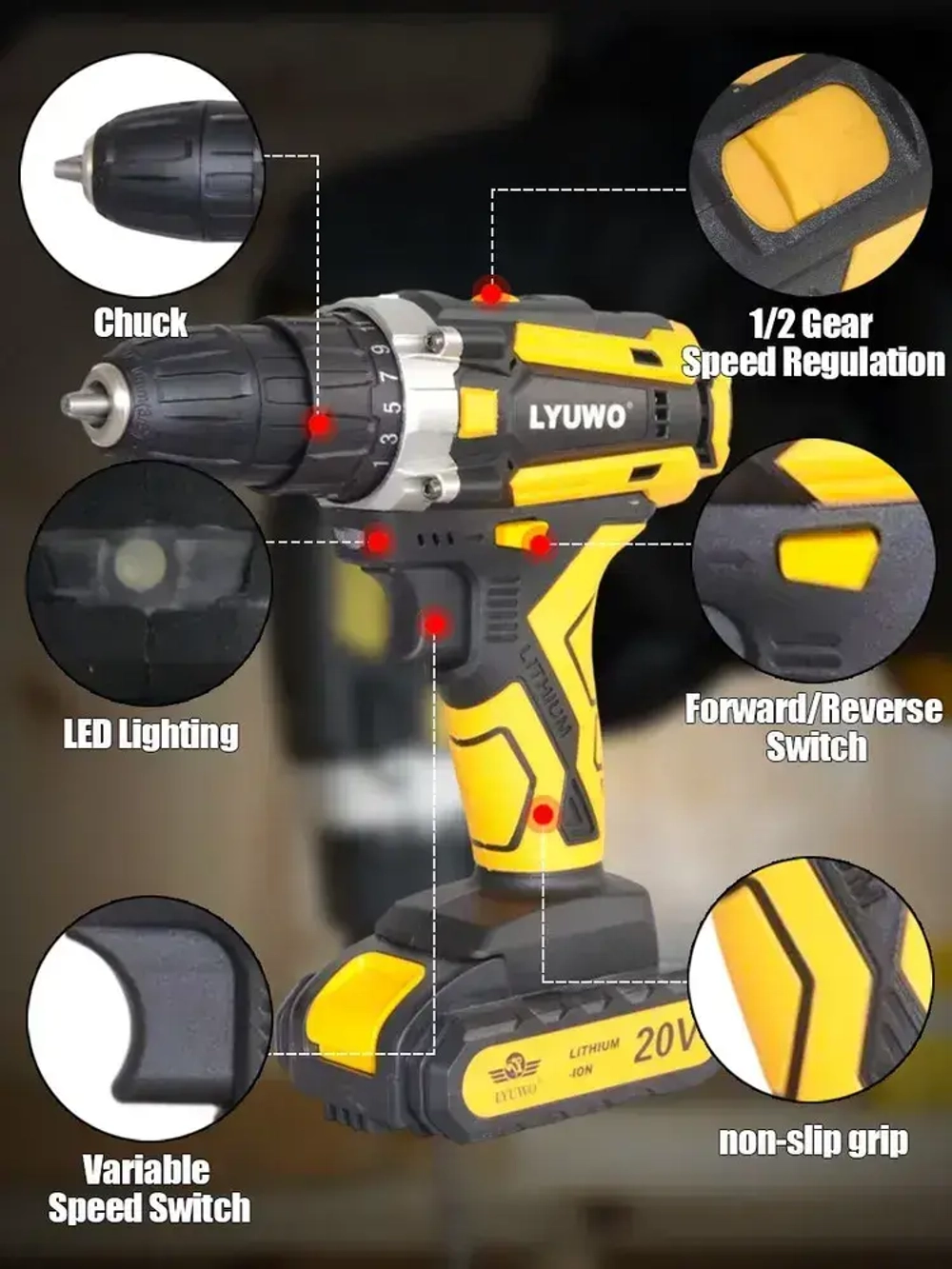 LYUWO Шуруповерт, 20В,21В, 40 Нм, 2 АКБ,LW-5012-20-C1