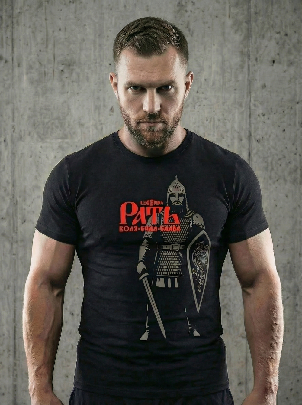 Футболка спортивная хлопковая мужская черная LEGENDA Рать красная