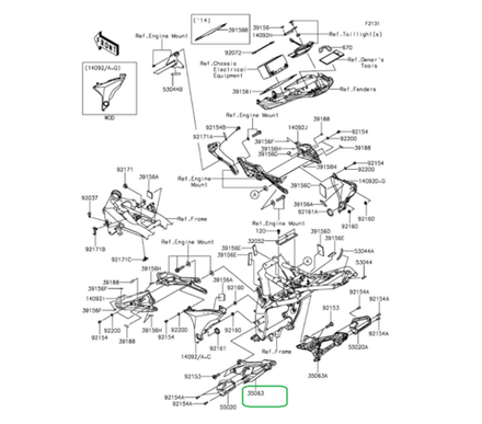 35063-0863-18R. STAY,RR,LH,F.S.BLACK. Z800 (2013-2016)