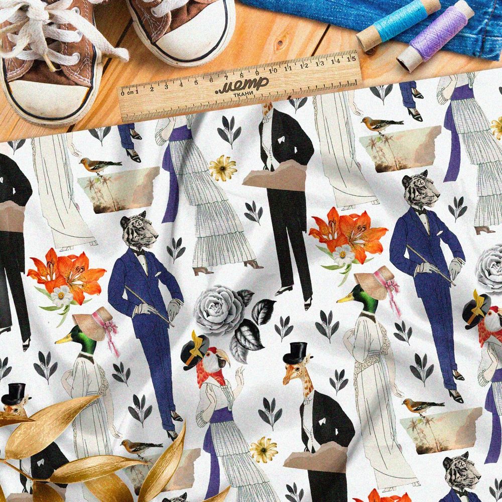 Ткань лён галантные люди с головами животных