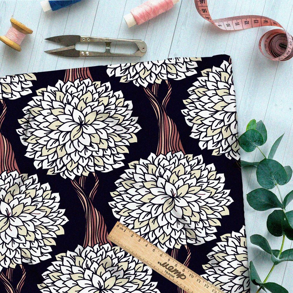 Ткань лён сказочные деревья с белой листвой