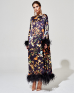 Платье из 100% шелка с перьями страуса