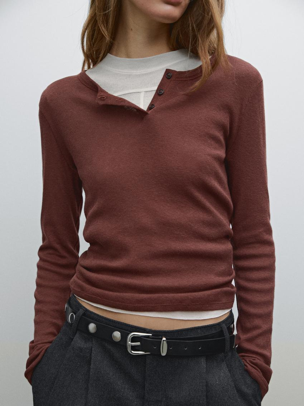 Massimo Dutti Футболка из смесового хлопка, бургундский