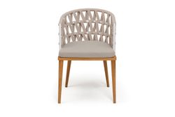 "Диего" стул плетеный из роупа, основание дуб каркас из стали белый муар, роуп бежевый круглый, ткань бежевая 052