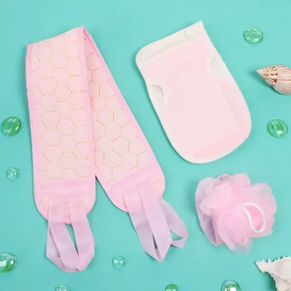 Набор массажных мочалок 3шт «Уход за телом», цвет розовый, 21,5*13см, 80*9см,12см, Zip пакет