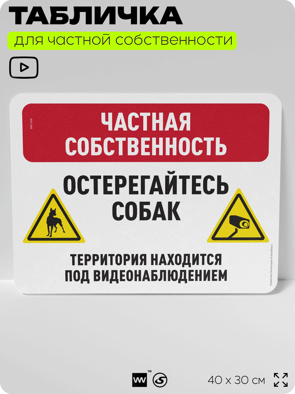 Табличка для частной территории "Частная собственность, остерегайтесь собак", на дом, для участка, организаций, предупреждающая, 40х30 см, Silver Plane x Айдентика Технолоджи