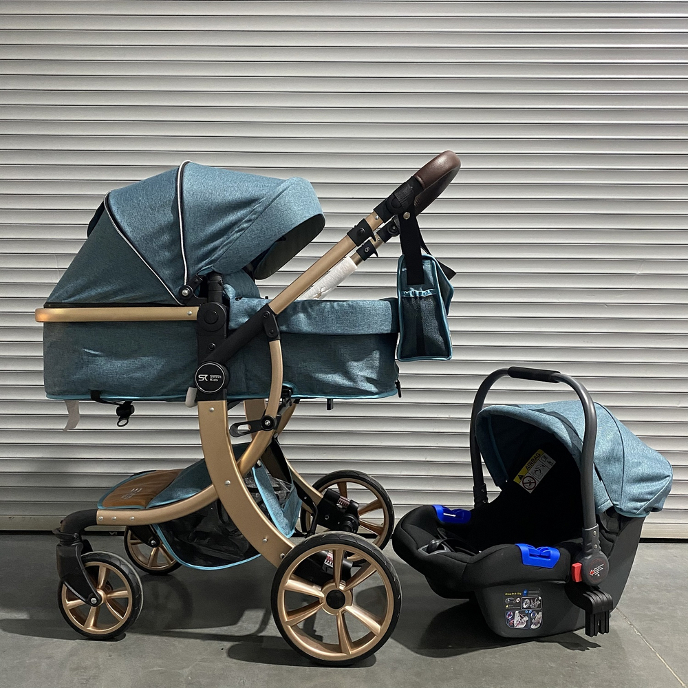 Коляска-трансформер Sweet Kids 608 3в1 Синий текстиль на золотой раме