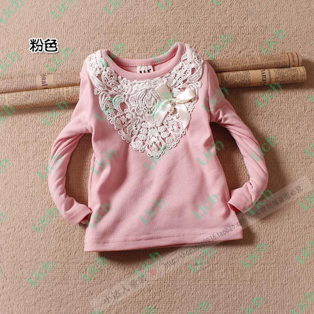 Лонгслив однотонный с кружевной аппликацией и бантом