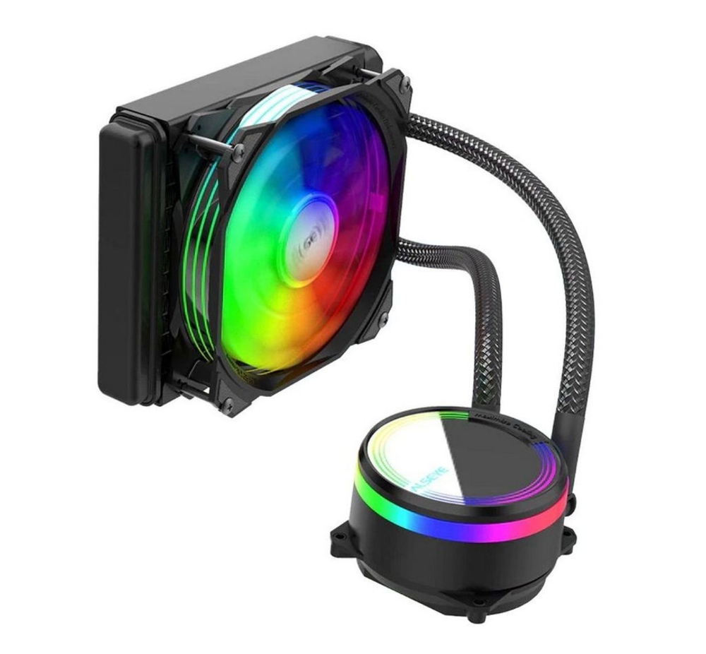 Жидкостное охлаждение Alseye M120, 1х120мм, 800~2000rpm, 4-pin, Al, черный/ARGB, 1 секция, 77.6CFM, 37.3дБ, INTEL 1200/115x/775/2066/2011/1366, AMD AM5/AM4/AM3(+)/AM2(+)FM1 (AS.02.01.0007)