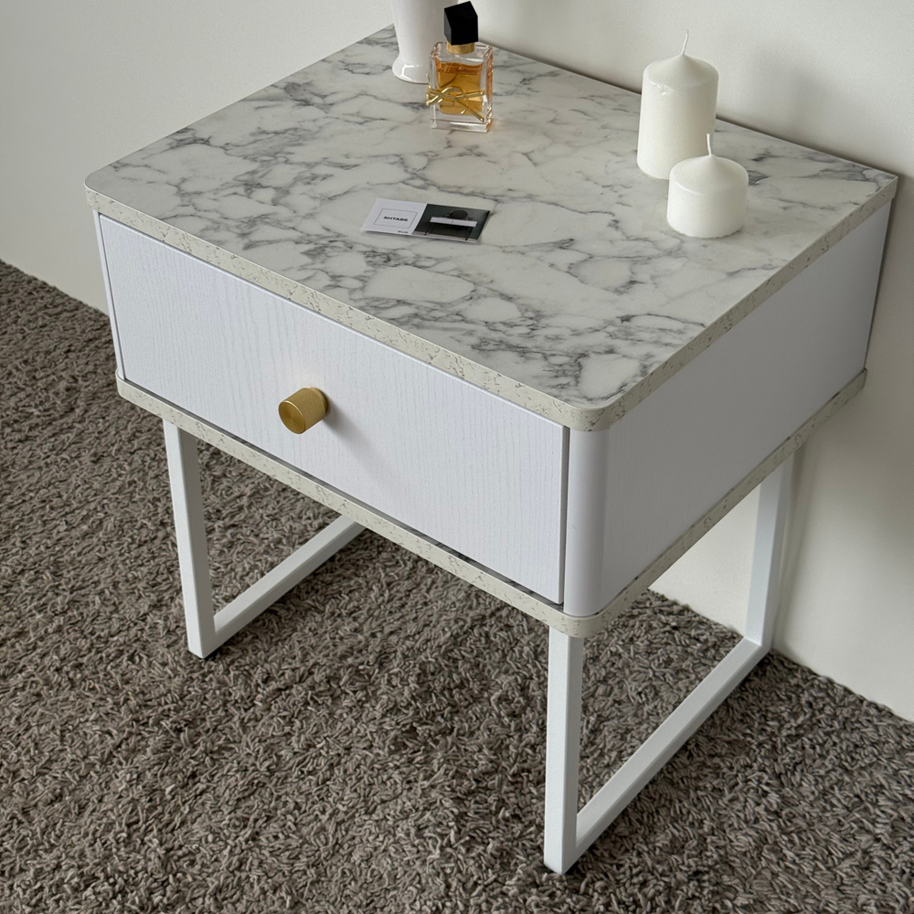 Тумба прикроватная на ножках ROYAL 5301 эко (Мрамор Каррара-Белый-р.золото)