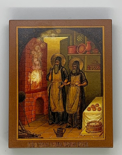 Преподобные Спиридон и Никодим Печерские,  икона  на доске прямая печать по левкасу ручная работа, 8*10 см