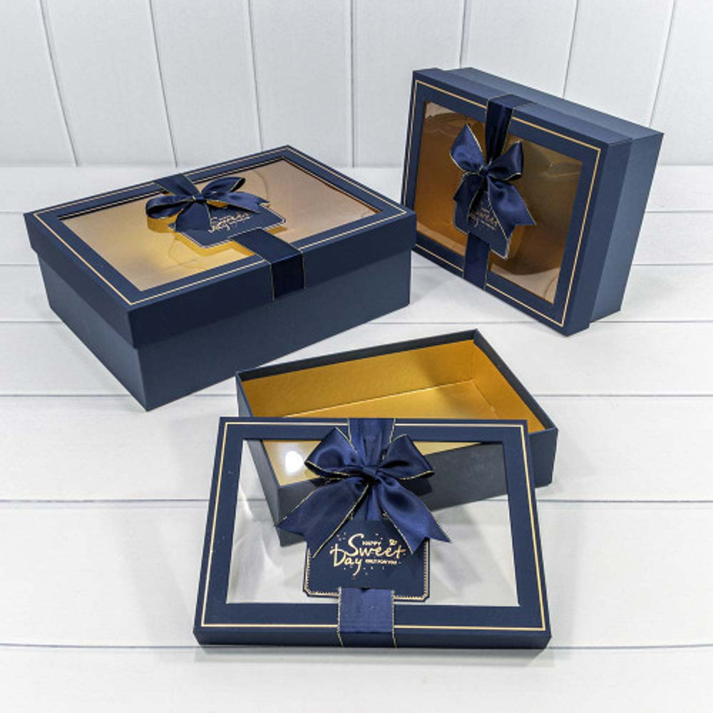 Коробка 33.5х25х11.5 см Набор 3 шт с окошком (Синий)