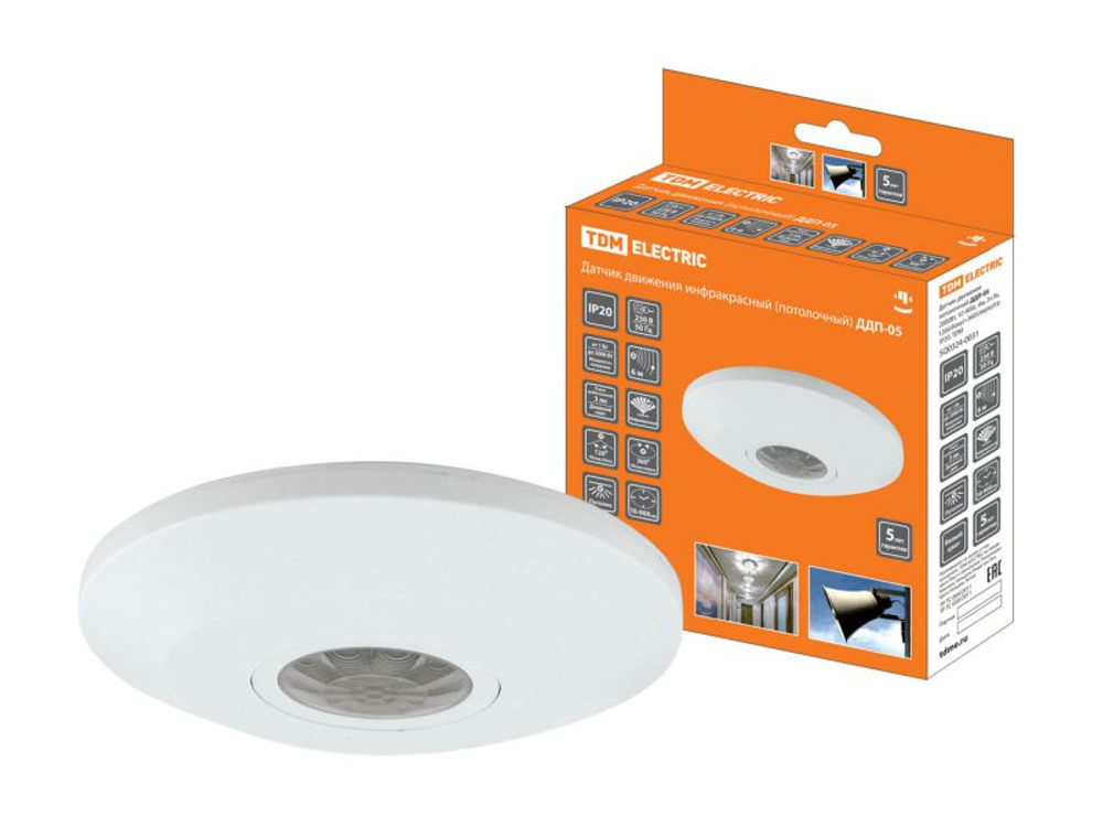 Датчик движения потолочный ДДП-05 2000Bт 10-900с 6м 3+Лк IP20 TDM