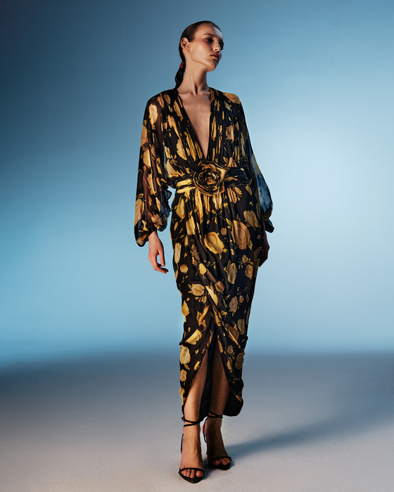 Драпированное платье миди из принтованного шелкового шифона