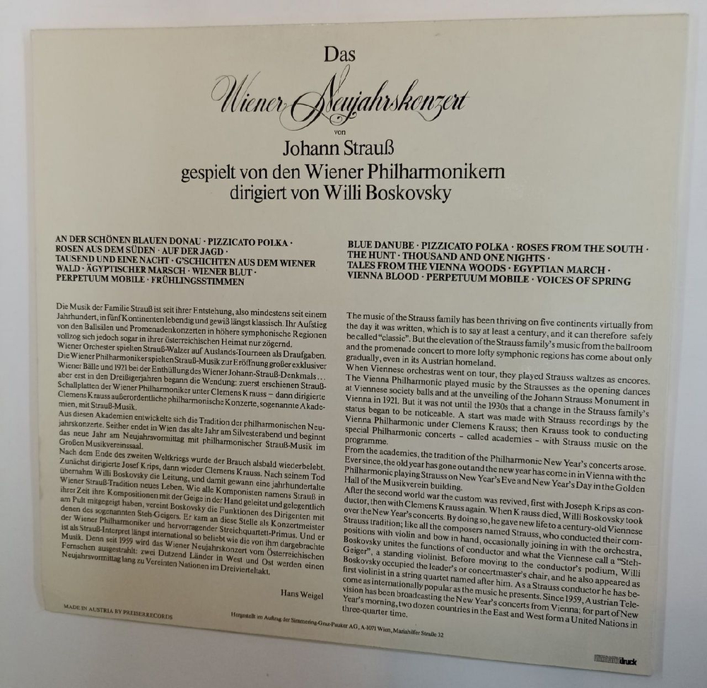 Винтажная виниловая пластинка Wiener Neujahrskonzert Johann Strauss, Wiener Philharmoniker, Willi Boskovsky (Austria)