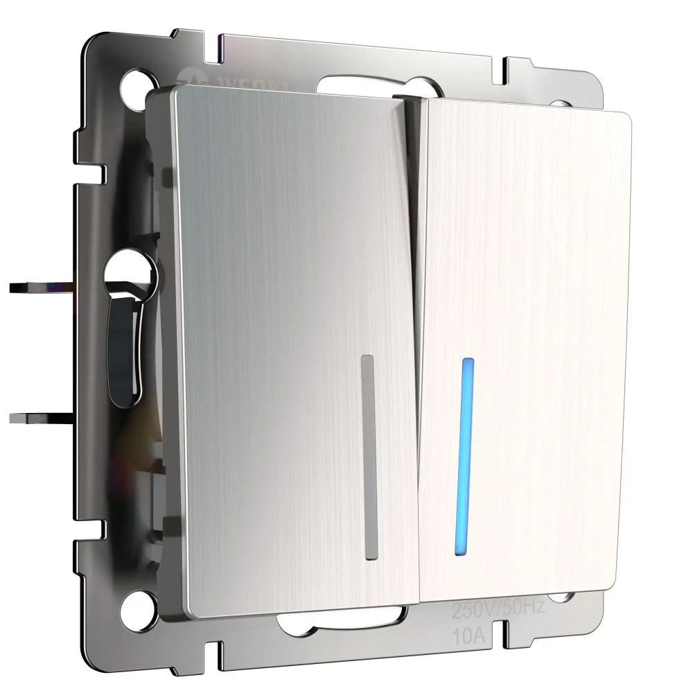 Выключатель двухклавишный с подсветкой (никель рифленый глянцевый) W1120102