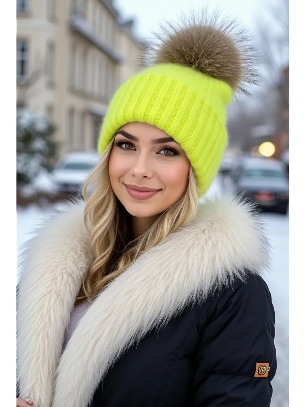 шапка ангора с меховым помпоном зимняя пушистая стильная