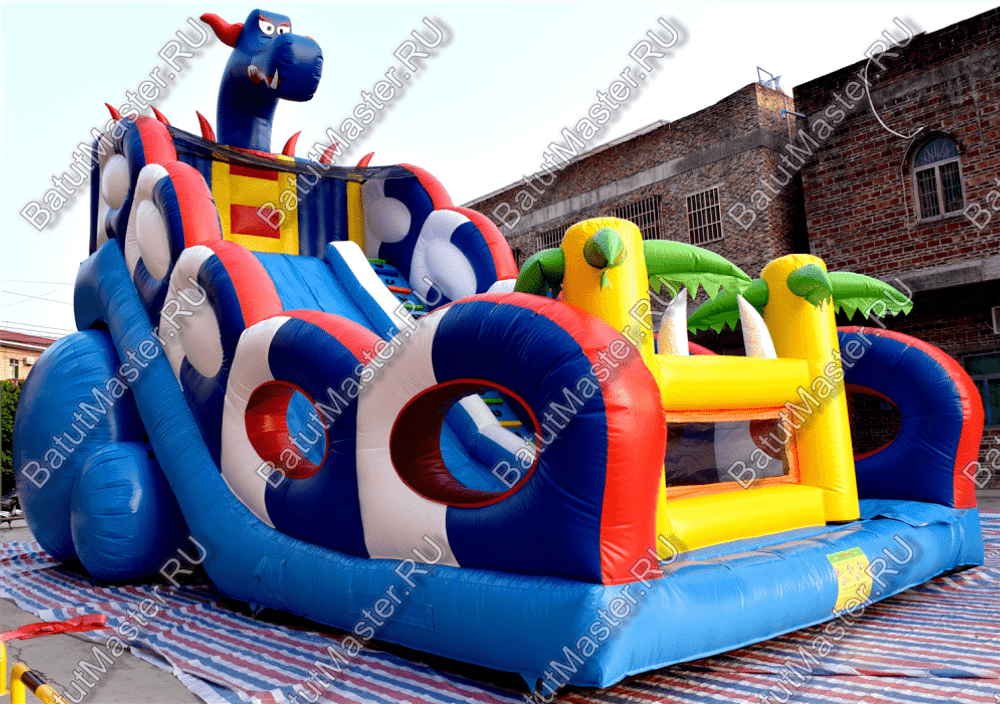 Коммерческий надувной батут-горка "Дракон" 10*5*8 м,без шипов сине-белый