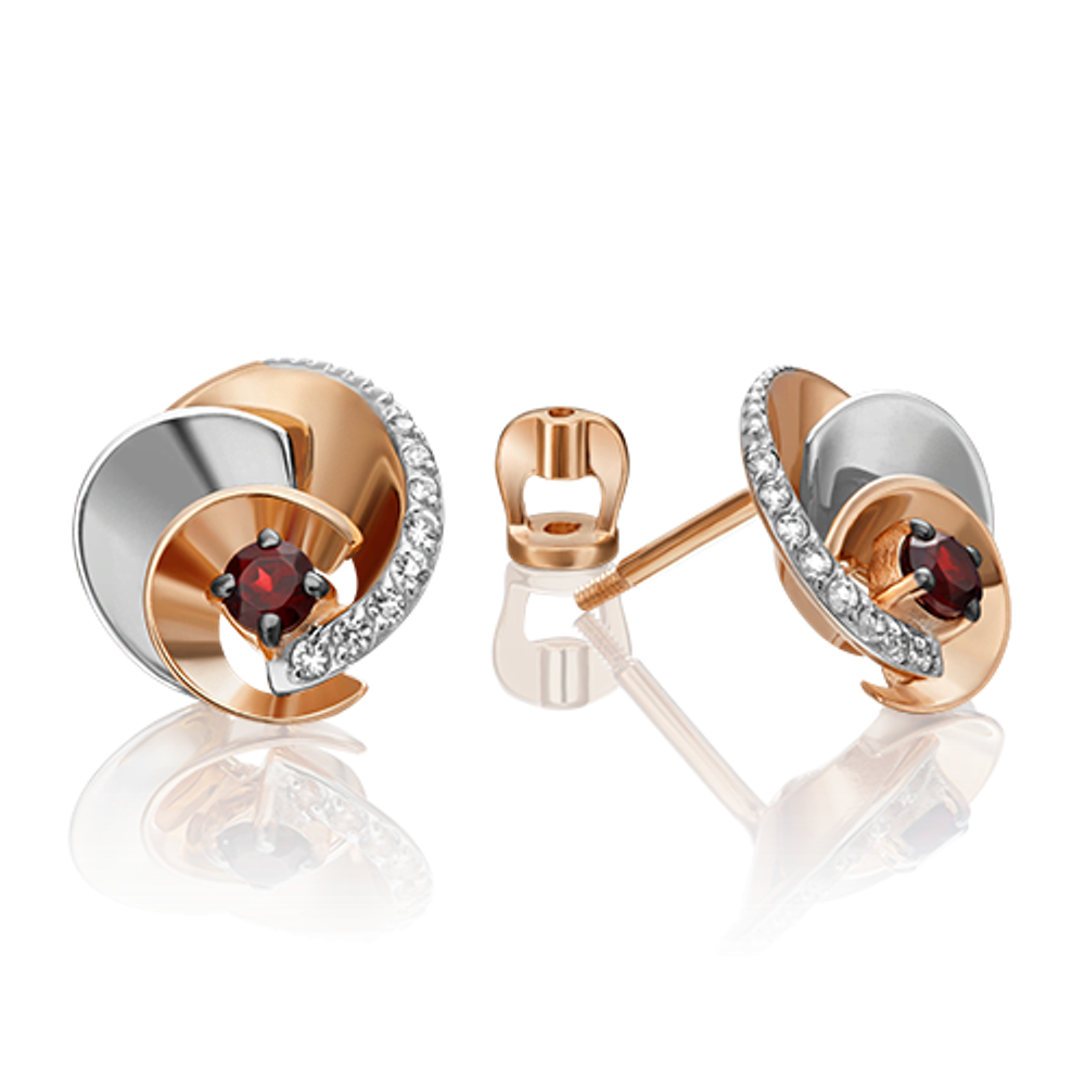 Серьги-пусеты «Парад планет» из комбинированного золота с гранатом и натуральными топазами white