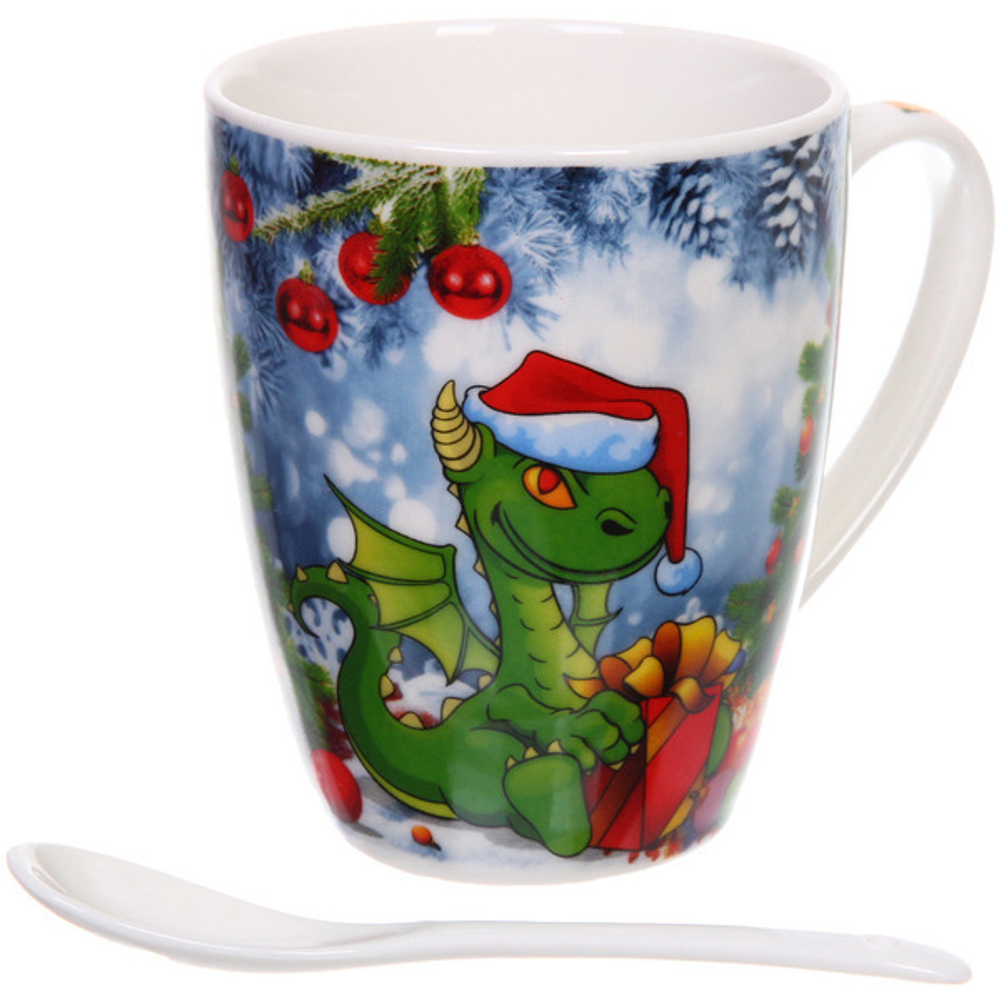 Кружка керамическая 370мл «Загадочный Дракон» с ложкой в подарочной коробке