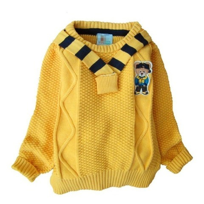 Джемпер с аппликацией медвежонка и имитацией шарфа в полоску