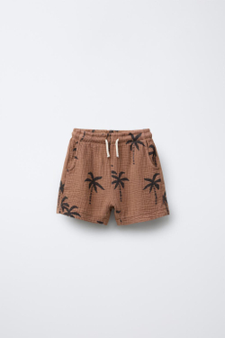 ZARA ШОРТЫ-БЕРМУДЫ ИЗ ТКАНИ С РЕЛЬЕФНЫМ УЗОРОМ И ПРИНТОМ «ПАЛЬМЫ», СВЕТЛО-КОРИЧНЕВЫЙ