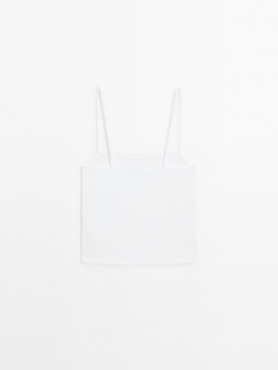 Massimo Dutti Трикотажный топ на бретелях с кружевом, натуральный, кремовый