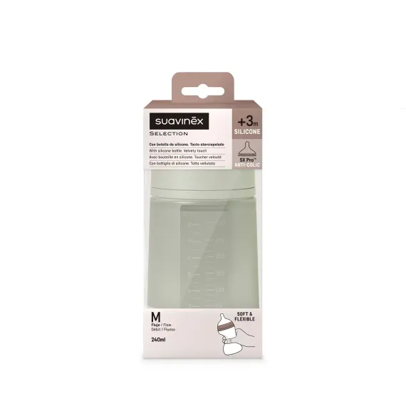 Силиконовая бутылочка Suavinex Colour Essence для детского питания, с соской из силикона 240 мл Зеленая