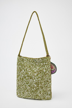 ZARA МИНИ-СУМКА-МЕШОК С БУСИНАМИ, ЗЕЛЕНЫЙ