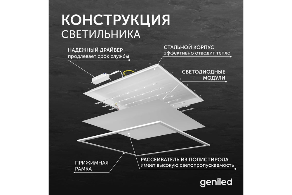Светильник LED Армстронг с равномерной засветкой 595x595x33 50Вт 4000К 90Ra Опал Офис Comfort Basic Geniled