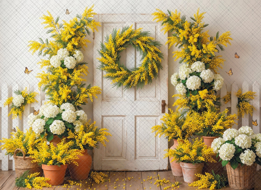 Дверь - мимоза - гортензии - фон неопреновый