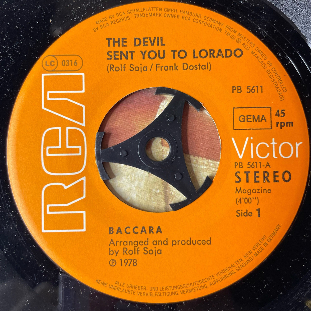 Винтажная виниловая пластинка 7 дюймов (маленькая пластинка) Baccara The Devil Sent You To Lorado (Германия 1978)