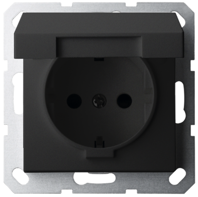 Розетка SCHUKO© с крышкой и защитными шторками 16A 250V~ 2P+T, цвет черный матовый (soft touch)