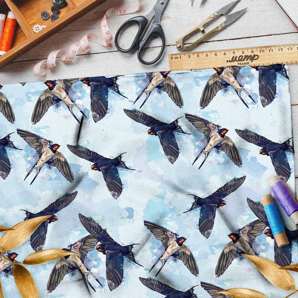 Ткань кулирная гладь акварельные ласточки в небе