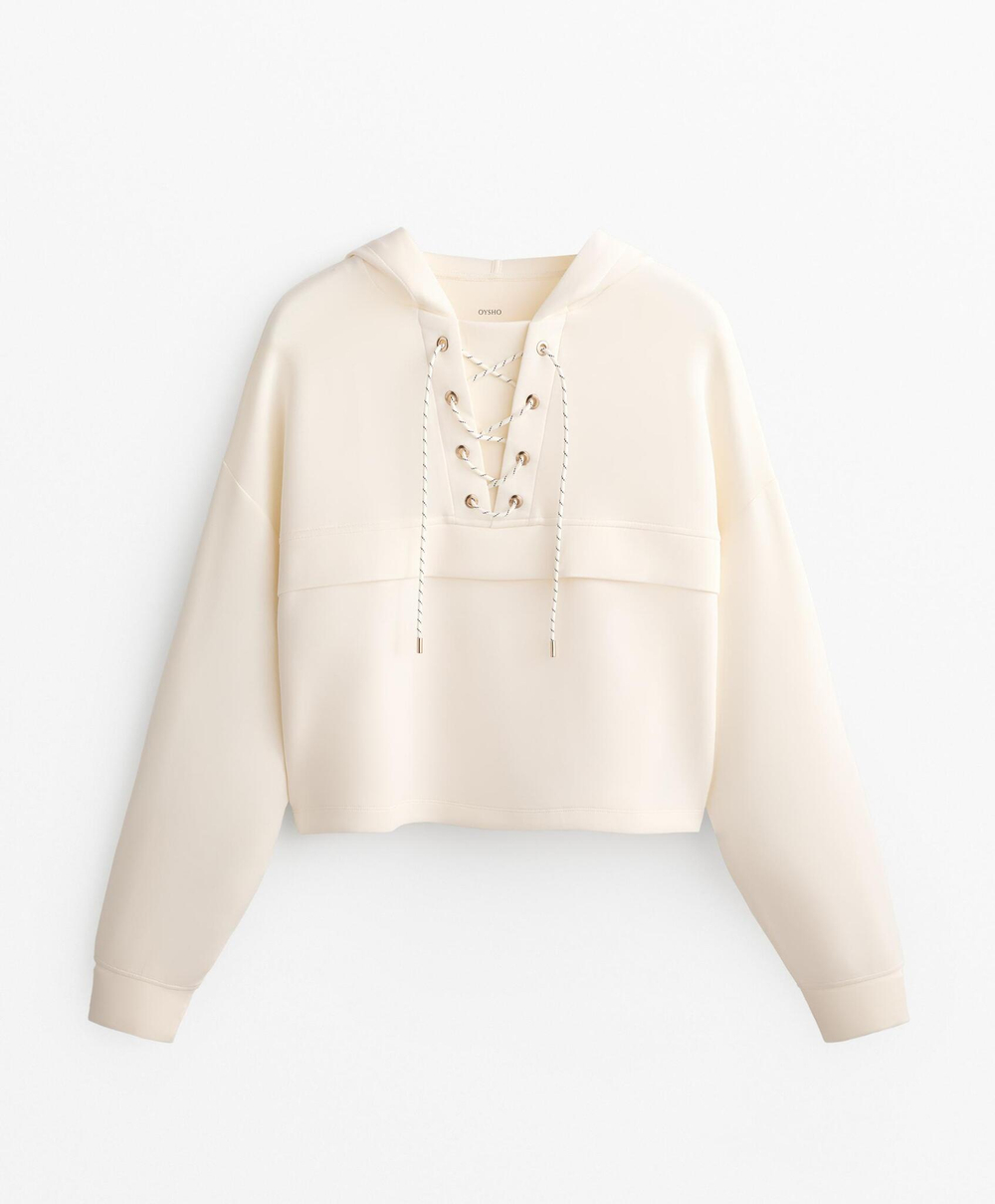 Oysho Толстовка мягкая на ощупь с перекрещивающимися шнурками и модалом, бежевый