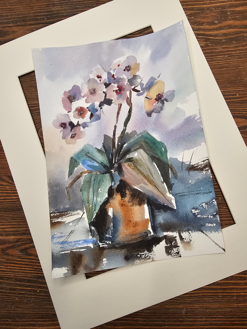 Картина авторская акварельная в паспарту 30х40 см на стену для интерьера "Орхидея"