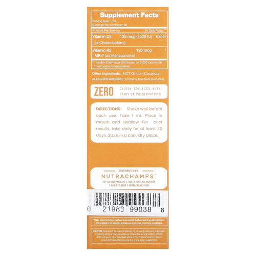 NutraChamps, Жидкие капли D3 + K2, без добавок, 60 мл (2 жидк. унц.)