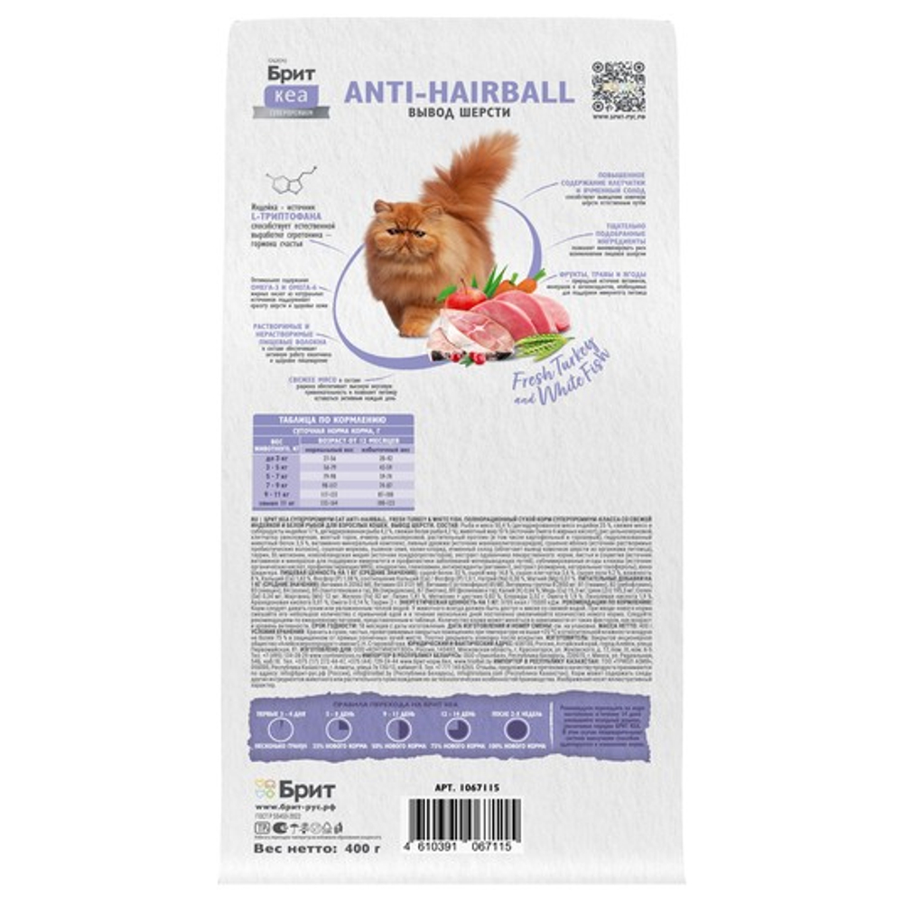 Сухой корм для взрослых кошек Брит BRIT CARE ANTI-HAIRBALL с индейкой и белой рыбой 0,4кг