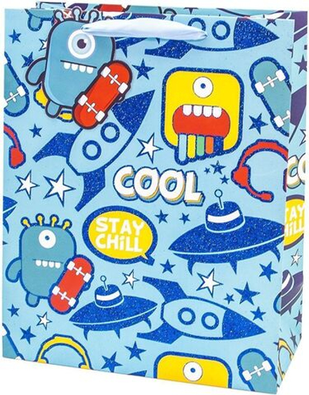 Пакет подарочный, Космические монстрики, Голубой, с блестками, 32*26*12 см, 1 шт.