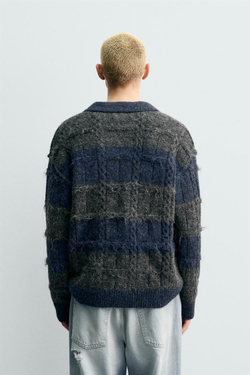 ZARA ТРИКОТАЖНОЕ ЖАККАРДОВОЕ ПОЛО В ПОЛОСКУ, АНТРАЦИТОВО-СЕРЫЙ