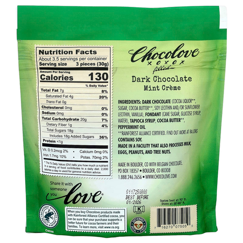 Chocolove, Крем с начинкой из темного шоколада и мяты, 55% какао, 100 г (3,5 унции)