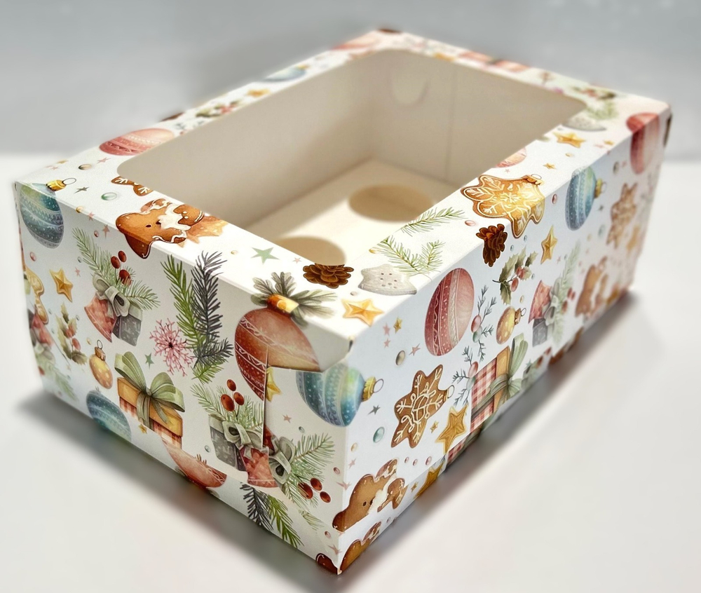 Коробка на 6 капкейков Елочные игрушки, 23,5*16*10 см