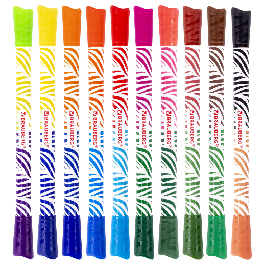 Фломастеры двусторонние утолщенные BRAUBERG "PREMIUM" "BI-COLOR", 10 шт., 20 цветов, двухцветные, вентилируемый колпачок, 151945