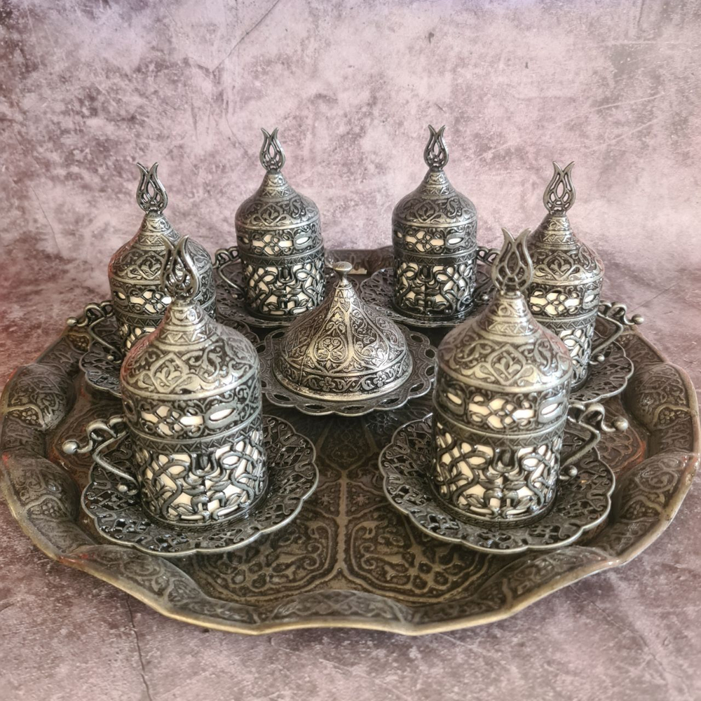 Кофейный набор "Тюльпан" на 6 персон с подносом/ACAR. Турция (серебристый 27 предметов)