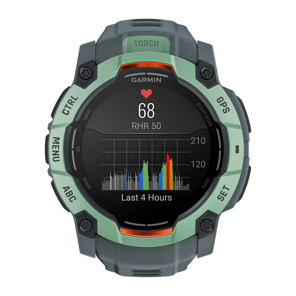Спортивные часы Garmin Instinct 3, 50 мм, AMOLED, силиконовый ремешок сумеречного цвета Безель цвета «южные тропики», AMOLED-дисплей. Ремешок с классической застёжкой — на запястье обхватом 141–213 мм