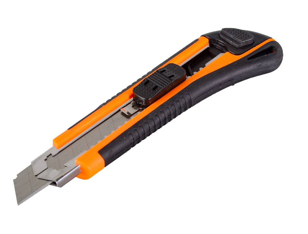 Нож с выдвижным лезвием 18 мм, двухкомпонентный корпус, металлическая направляющая, автоматический фиксатор, Вихрь